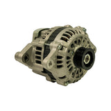 Three-quarter rear-pulley-side view showing rotor windings visible through housing vents; mounting bracket and pivot lug clearly shown; black serpentine pulley with centre hex nut; stator ventilation ribs and slots; overall condition appears new and uninstalled.