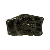 Top-down view of the water pump in clear plastic bag showing the asymmetric mounting flange with four bolt holes and the central impeller area with shaft hub