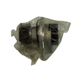 Side view of pump in bag showing cast aluminium housing with toothed timing-belt drive pulley on one end and machined mounting flange with mechanical seal visible