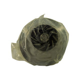 End-on view of pump impeller side through the bag showing pressed-steel curved-vane impeller inside the housing cavity