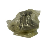 Rear/outlet-port side of pump still in polythene wrap. Flanged outlet spigot and tapered housing body visible through bag; partial stamping legible through wrapping. No corrosion evident.