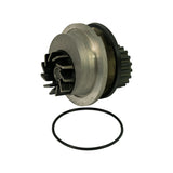 Three-quarter view of the water pump standing upright with impeller blades and toothed timing-belt pulley visible, black rubber O-ring positioned in front