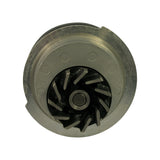 Impeller-side face of the pump showing the curved vane pattern of the black impeller sitting inside the aluminium housing bore