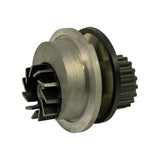 Three-quarter angle opposite to photo 2, showing the aluminium flange, impeller vanes and toothed pulley from the pulley side
