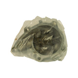 Bagged water pump viewed from mounting-flange side, showing six peripheral bolt holes, central hub, and light surface oxidation on the casting through the bag
