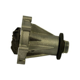 Side profile of the pump body showing the conical/flanged die-cast aluminium housing with ribbed reinforcing fins. Rubber seal ring visible at the shaft flange end.