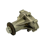 Opposite side and rear of the pump showing the flat mounting flange with multiple bolt holes, a small brass bleed/vent nipple, and plastic protective cap over the pulley shaft stub.