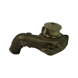 Side profile of pump body showing curved inlet elbow rising from base, rectangular block housing, and exposed bare-metal cylindrical bearing hub protruding from top.