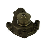 Three-quarter top-rear view of pump showing bearing hub from above, three visible mounting bolt holes on the flange, and the curved inlet elbow on the left side.