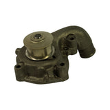 Opposite three-quarter view showing curved inlet elbow with outlet spigot, top bearing hub, and four-hole mounting flange. Minor surface rust spotting visible on casting.
