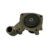 Underside/front-face view showing circular impeller cavity opening, two-groove belt pulley moulded integrally on the bearing hub, short cylindrical outlet spigot, and four mounting holes on the square flange.