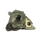 Water pump body, alternate angle showing impeller cavity and central bearing hub. Triangular mounting flange with three bolt holes clearly visible at right. Plastic wrap draped over unit.