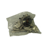 Rear/pulley-mounting side of water pump, still in clear plastic bag. Central pulley hub with red marking dot visible, plus coolant inlet/outlet ports. Multiple machined bolt hole bosses around perimeter.