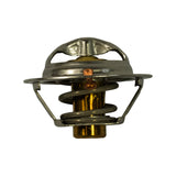Side-angle view of thermostat showing full height profile: domed valve head at top, flat circular flange in middle, and coil return spring with brass wax pellet housing at bottom. Copper jiggle pin visible on upper dome.