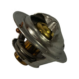 Three-quarter angle view of thermostat showing dome head, flange, and spring assembly. Jiggle pin clearly visible on flange rim. Brass wax pellet housing partially visible through spring coils.