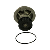 Front face of pump showing circular aluminium flange and black plastic toothed timing-belt pulley; 'GMB JAPAN' moulded text visible on rear of flange; rubber O-ring seal displayed separately below.