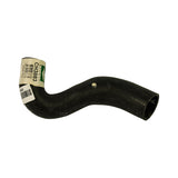 Full-length side profile of the moulded rubber hose against a white background, showing the S-curved body with label attached at the smaller-bore end. Hose is black with a slight surface texture.