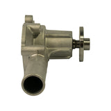 Side profile view showing main coolant inlet neck in foreground (round bore, downward-angled cast tube) and pulley/bearing hub projecting to the right. Cast housing ribbing and bypass port on right rear corner visible. Machined bearing journal and pressed hub disk with centre greaser visible.