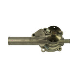 Reverse/pulley-side view of pump laid flat. 'GMB' brand cast into the inlet neck and 'MZ02' model code cast into the housing body are legible. Pulley flange with three evenly-spaced bolt holes and centre grease fitting visible. Small bypass stub at lower-right. External mounting stud fitted into housing.