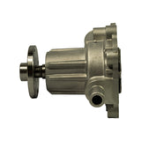 Bearing-hub end-on view. Three-hole pulley flange with central grease-nipple stud clearly visible. Machined bearing journal between hub and housing. Lower bypass port stub visible bottom-right. Mounting flange feet at upper and lower right.
