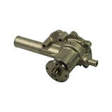 Oblique three-quarter view from inlet-tube end showing full pump assembly. Inlet neck projects left, pulley hub to the right, small bypass stub at right centre. Two mounting feet at top, two at bottom of flange body. GMB and MZ02 casting marks faintly legible on neck and housing.