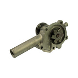 Oblique front view from impeller side. Open five-vane impeller cavity clearly visible with impeller blades and central seal boss. Inlet neck exits lower-left, pulley hub exits right. Three-bolt pulley flange with grease nipple stud prominent. Mounting stud fitted at nine-o-clock position.