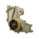 Angled view of impeller cavity from below showing six-blade cast impeller, seal housing, and additional casting identifier on internal rib; threaded port for coolant sensor or bleed screw visible at top