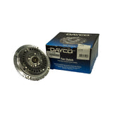 Part removed and displayed in front of original Dayco box. Box front shows 'DAYCO' logo, 'Fan Clutch', 'Temperature Controlled Viscous Coupling' and 'Meets or Exceeds OEM Specifications'. Internal Dayco label visible on box side showing 115798 and COO-00900 internal SKU.