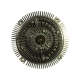 Fan clutch front face from dead-on flat angle, showing full finned disc with radial fin array, central bimetallic coil spring, four mounting holes at perimeter, and eight or more stud/boss positions.