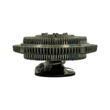 Profile/side view of assembled fan clutch showing the finned disc body with mounting flange and stepped hub below, with fan blade attachment plate at base and small mounting bolt visible.