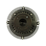 Rear/hub face of fan clutch showing machined central bore, batch code '9F221495709' and 'Made In China' stamped into the hub plate, with radial pin fins extending outward around the perimeter.