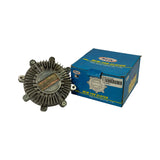Part and packaging together: fan clutch laid against blue NUK box. Box front reads 'NUK NEW FAN CLUTCH / NUK AUTO PARTS CO., LTD.' with a line-art diagram of the part. Barcode label on box shows 'NUK VF-022' and internal SKU COO-00901.