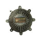 Front face of the fan clutch showing central spindle hub area, radiating aluminium fins, and five equally-spaced mounting tabs with Phillips-head screws. No text markings visible on this face.
