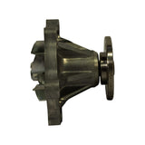Side profile of pump body showing conical impeller housing depth, machined shaft pulley flange on right with four threaded holes, and flat mounting face on left.