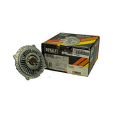 Part placed in front of original box, thermostat face forward and slightly angled to show the four-bolt square flange pattern and bimetallic spring valve; box visible in background confirming Derale branding and 22010 part number.