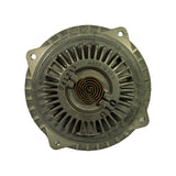 Close-up top-down view of the thermostat/front face showing radial fin casting, bimetallic coil spring, 'MADE IN USA' embossing, and stamped batch/date code '041211'.