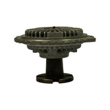 Side-profile view of the fan clutch showing the stepped aluminium clutch body, fluid chamber disc, and the centre water-pump mounting shaft hub with bayonet/slot drive tangs visible at the bottom.