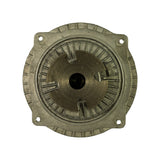 Rear (water-pump) face of the unit showing four-slot bayonet drive coupling and central bore for water pump shaft fitment; four outer mounting holes for fan blade bolts visible around perimeter.