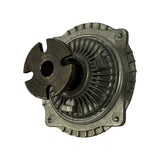 Three-quarter rear view of the clutch body with the drive coupling hub partially separated, showing the slot pattern and bore detail of the coupling against the aluminium body.
