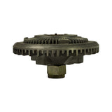Side profile of fan clutch showing overall depth and finned outer rim; brass hex centre shaft nut visible protruding from water pump mounting face; fin depth and serrated outer edge clearly visible.