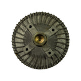 Front (fan mounting) face overhead view showing four-bolt fan mounting pattern on cross-shaped flange, brass hex centre nut, finned housing; light surface oxidation on aluminum consistent with NOS shelf age.