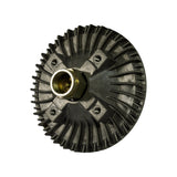 Angled view of front (fan mounting) face showing four threaded bolt holes, brass hex water pump shaft nut with visible left-hand thread, finned housing; confirms M24-1.5 LH shaft specification matching box label.