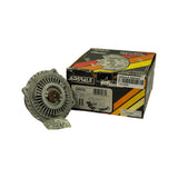 Box and fan clutch shown together: Derale 'Heavy Duty Fan Clutch' graphics with USMW logo, stock 22081EX label, original mounting hardware bag, COO-00905 internal sticker visible on box edge