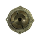 Rear face showing four-hole steel mounting flange, central pilot bore, and recessed mounting boss