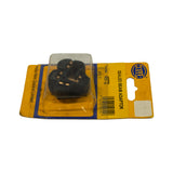 Side-on view of the blister card with adaptor showing the profile of the moulded black body, blade contacts, and full yellow-and-blue Hella card graphics