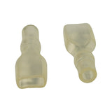 Two insulator sleeves stood upright showing rear cable-entry opening (round bore) and flared front face that receives the female blade terminal