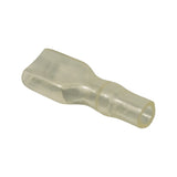 Single insulator sleeve with the narrow cable-entry bore visible head-on, showing the internal round opening sized for the crimp barrel of a female blade terminal