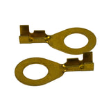 Pair of terminals laid flat, upside-down and rotated 180 degrees relative to each other, showing the underside of the ring tongue and the open crimp wings