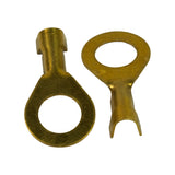 Close-up of two terminals — one flat showing tool marks and stud hole, one standing upright revealing the hollow open-barrel wire crimp channel