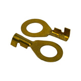 Two terminals angled to show crimp end with double-tang wire-grip and separate insulation-grip wings, confirming open-barrel non-insulated construction